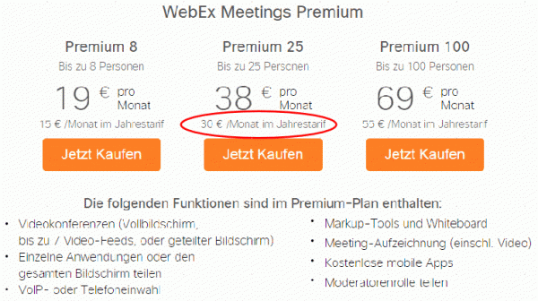 Videotelefonie Software Webex Tarif jaehrliche Preise